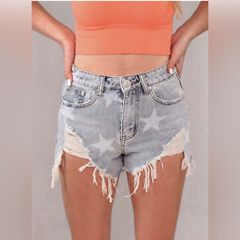 ❤️💚 Blue Buttercup Star Printed Blue Demin Distressed Shorts 100% Cotton